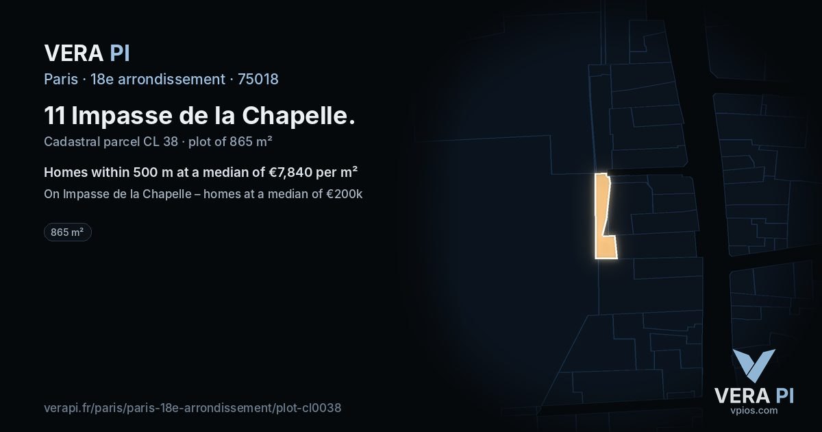 11 Impasse de la Chapelle, 18e arrondissement at night – the plot lit, the parcels around coloured by the prices near them