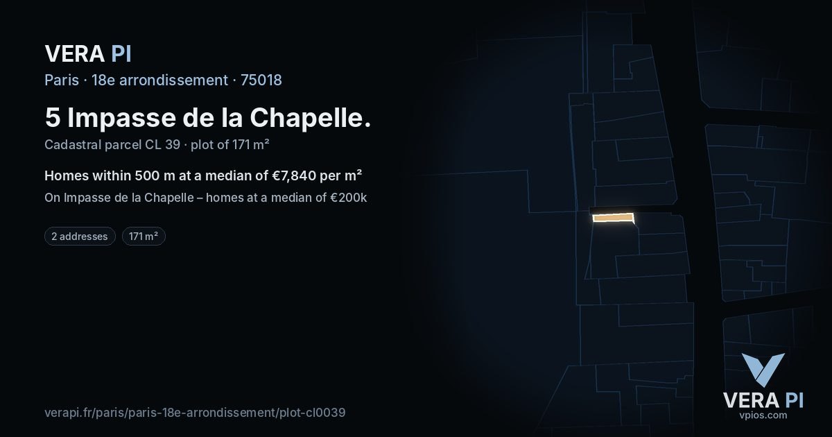 5 Impasse de la Chapelle, 18e arrondissement at night – the plot lit, the parcels around coloured by the prices near them