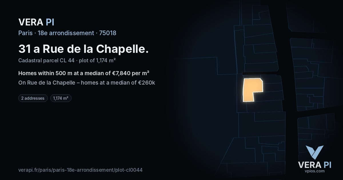 31 a Rue de la Chapelle, 18e arrondissement at night – the plot lit, the parcels around coloured by the prices near them