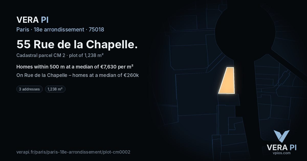 55 Rue de la Chapelle, 18e arrondissement at night – the plot lit, the parcels around coloured by the prices near them
