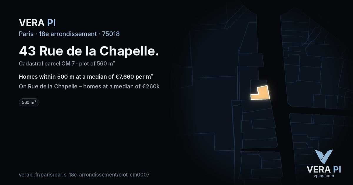 43 Rue de la Chapelle, 18e arrondissement at night – the plot lit, the parcels around coloured by the prices near them