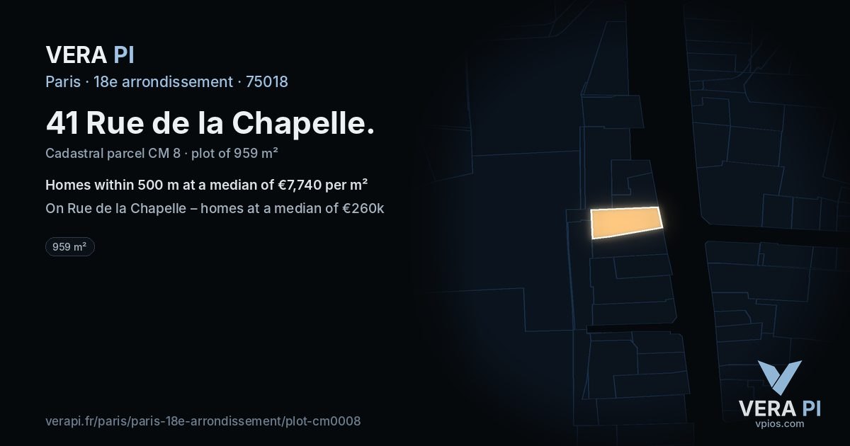 41 Rue de la Chapelle, 18e arrondissement at night – the plot lit, the parcels around coloured by the prices near them