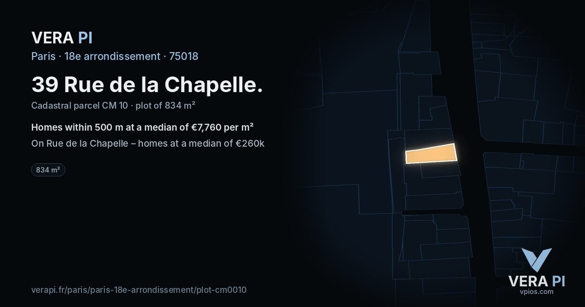 39 Rue de la Chapelle, 18e arrondissement at night – the plot lit, the parcels around coloured by the prices near them