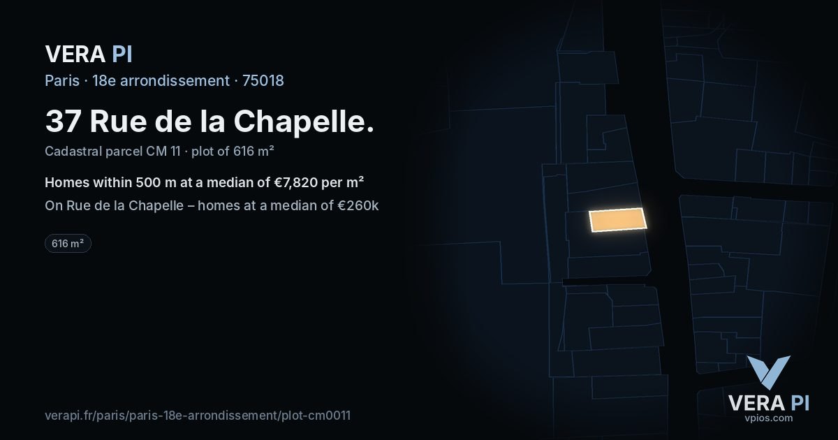 37 Rue de la Chapelle, 18e arrondissement at night – the plot lit, the parcels around coloured by the prices near them