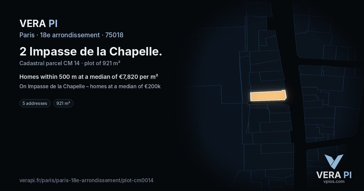 2 Impasse de la Chapelle, 18e arrondissement at night – the plot lit, the parcels around coloured by the prices near them