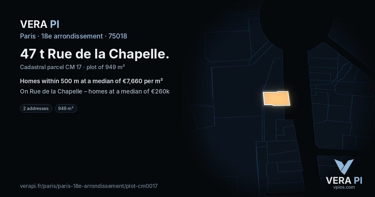47 t Rue de la Chapelle, 18e arrondissement at night – the plot lit, the parcels around coloured by the prices near them