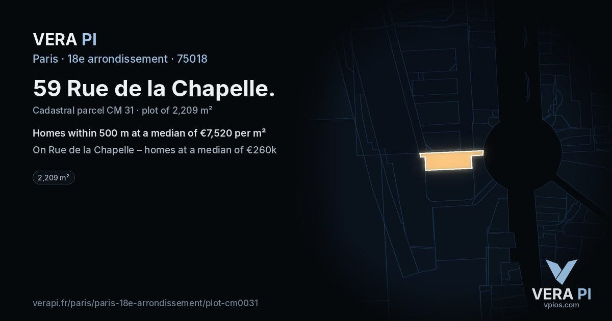 59 Rue de la Chapelle, 18e arrondissement at night – the plot lit, the parcels around coloured by the prices near them