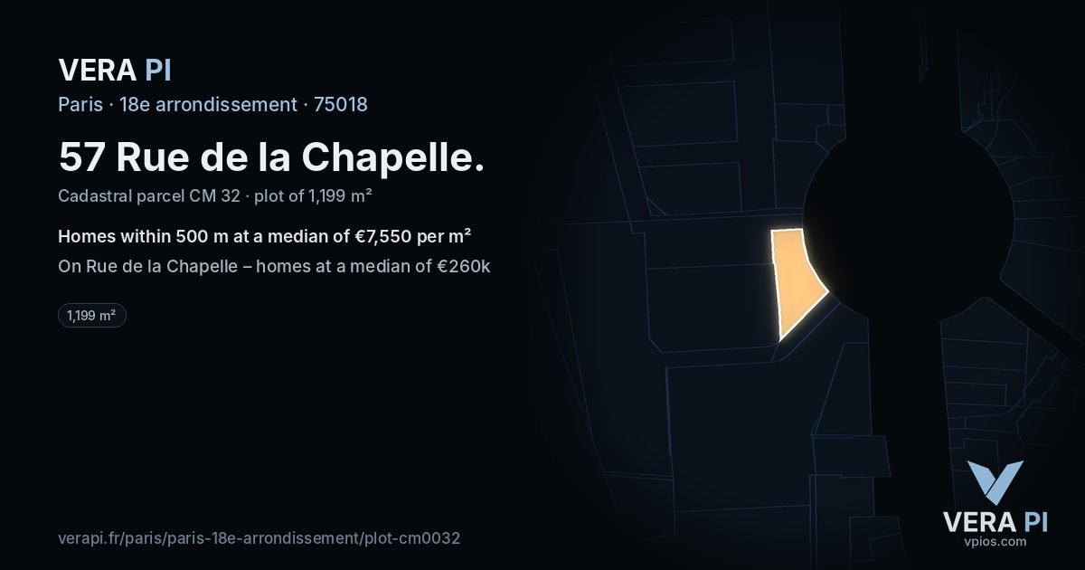 57 Rue de la Chapelle, 18e arrondissement at night – the plot lit, the parcels around coloured by the prices near them