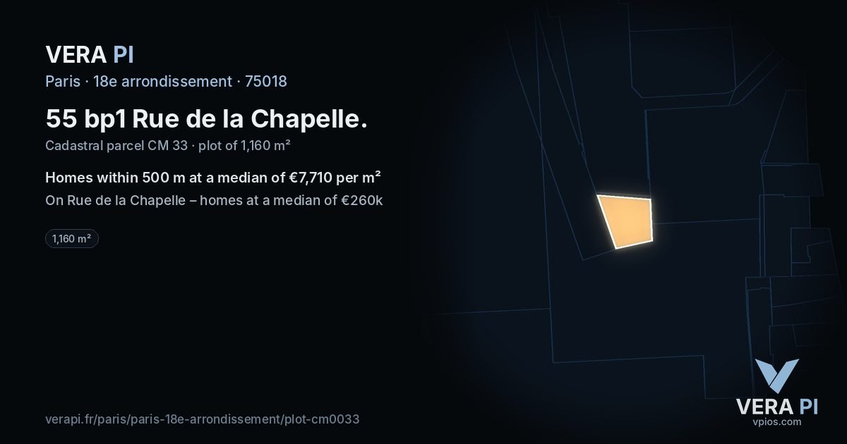 55 bp1 Rue de la Chapelle, 18e arrondissement at night – the plot lit, the parcels around coloured by the prices near them