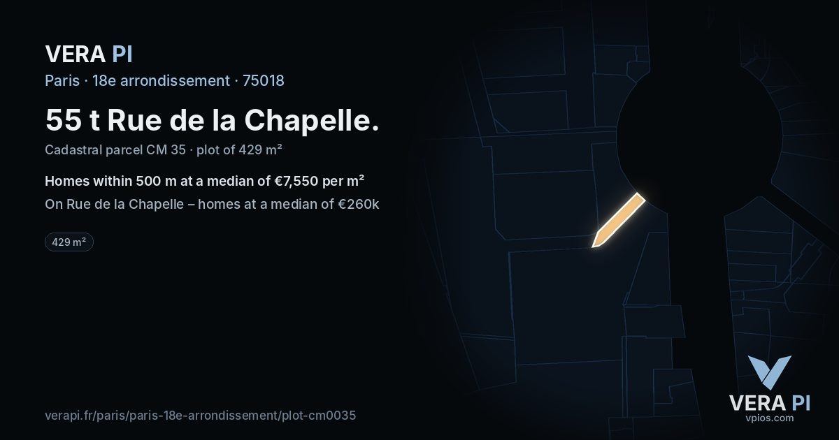 55 t Rue de la Chapelle, 18e arrondissement at night – the plot lit, the parcels around coloured by the prices near them