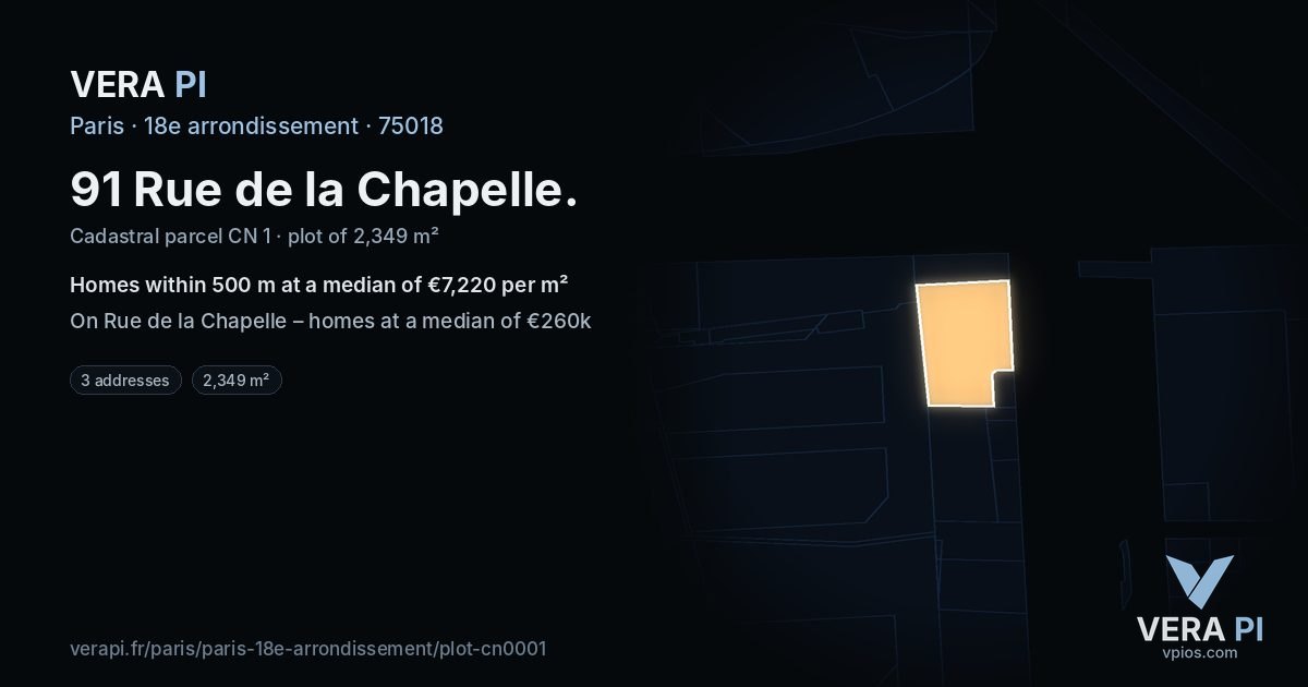 91 Rue de la Chapelle, 18e arrondissement at night – the plot lit, the parcels around coloured by the prices near them