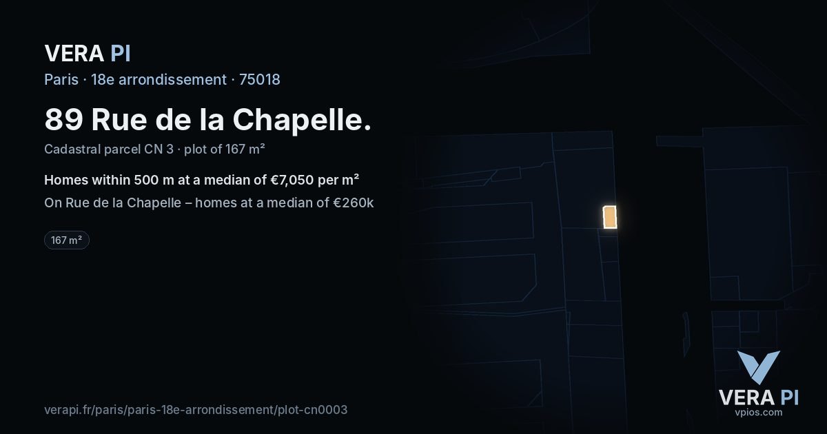 89 Rue de la Chapelle, 18e arrondissement at night – the plot lit, the parcels around coloured by the prices near them