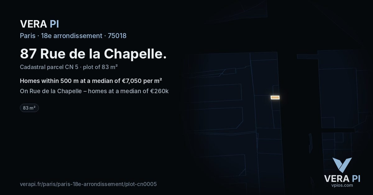 87 Rue de la Chapelle, 18e arrondissement at night – the plot lit, the parcels around coloured by the prices near them