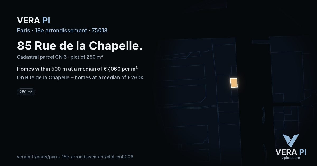 85 Rue de la Chapelle, 18e arrondissement at night – the plot lit, the parcels around coloured by the prices near them