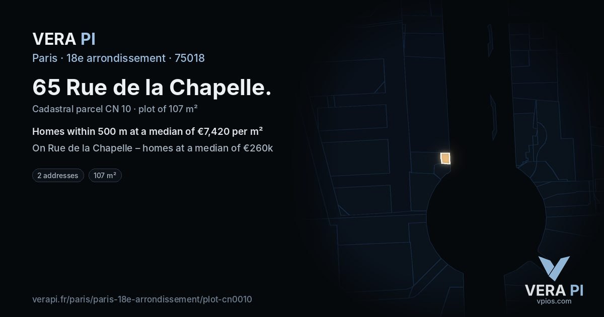 65 Rue de la Chapelle, 18e arrondissement at night – the plot lit, the parcels around coloured by the prices near them