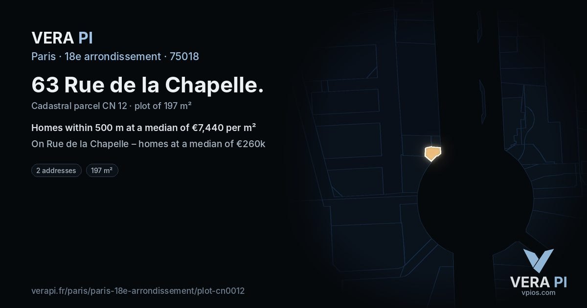 63 Rue de la Chapelle, 18e arrondissement at night – the plot lit, the parcels around coloured by the prices near them
