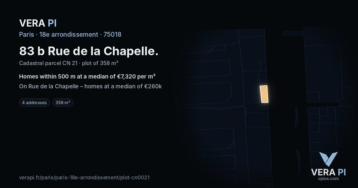 83 b Rue de la Chapelle, 18e arrondissement at night – the plot lit, the parcels around coloured by the prices near them