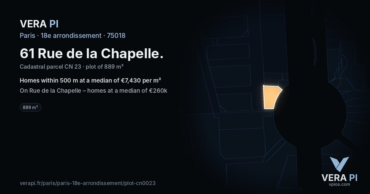 61 Rue de la Chapelle, 18e arrondissement at night – the plot lit, the parcels around coloured by the prices near them