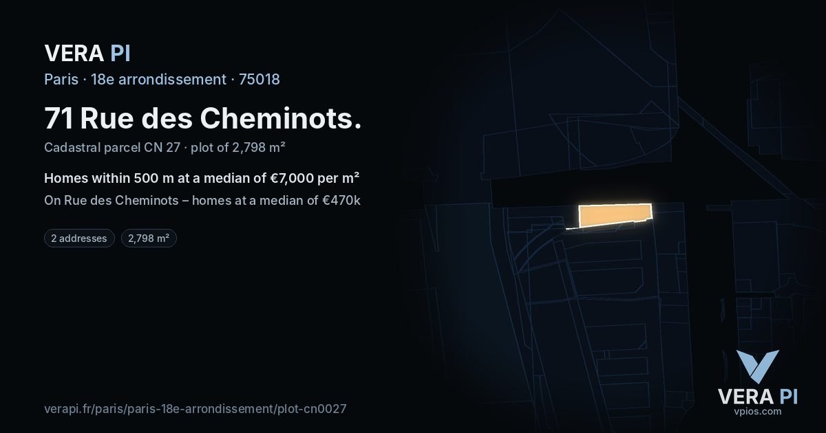 71 Rue des Cheminots, 18e arrondissement at night – the plot lit, the parcels around coloured by the prices near them