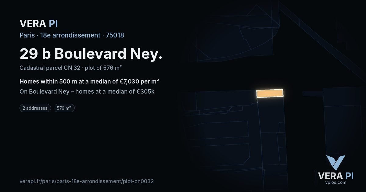 29 b Boulevard Ney, 18e arrondissement at night – the plot lit, the parcels around coloured by the prices near them