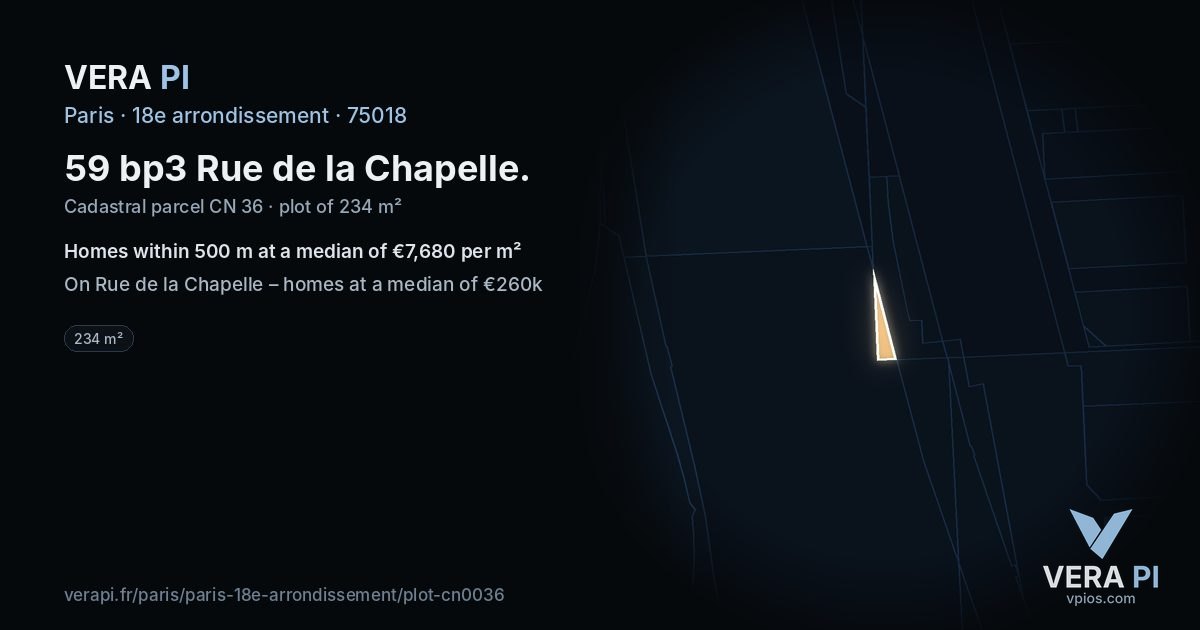 59 bp3 Rue de la Chapelle, 18e arrondissement at night – the plot lit, the parcels around coloured by the prices near them