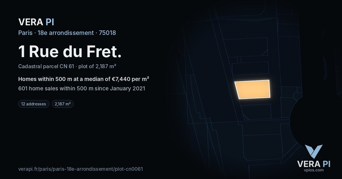 1 Rue du Fret, 18e arrondissement at night – the plot lit, the parcels around coloured by the prices near them