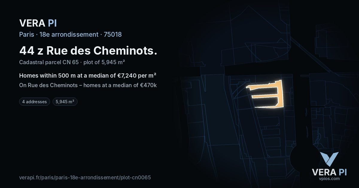 44 z Rue des Cheminots, 18e arrondissement at night – the plot lit, the parcels around coloured by the prices near them
