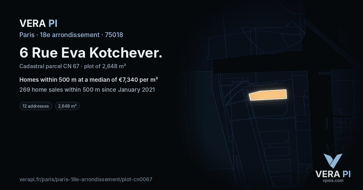 6 Rue Eva Kotchever, 18e arrondissement at night – the plot lit, the parcels around coloured by the prices near them