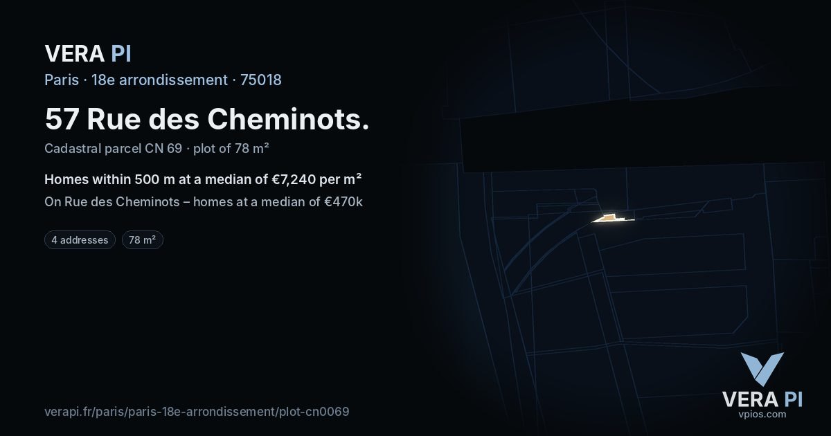 57 Rue des Cheminots, 18e arrondissement at night – the plot lit, the parcels around coloured by the prices near them