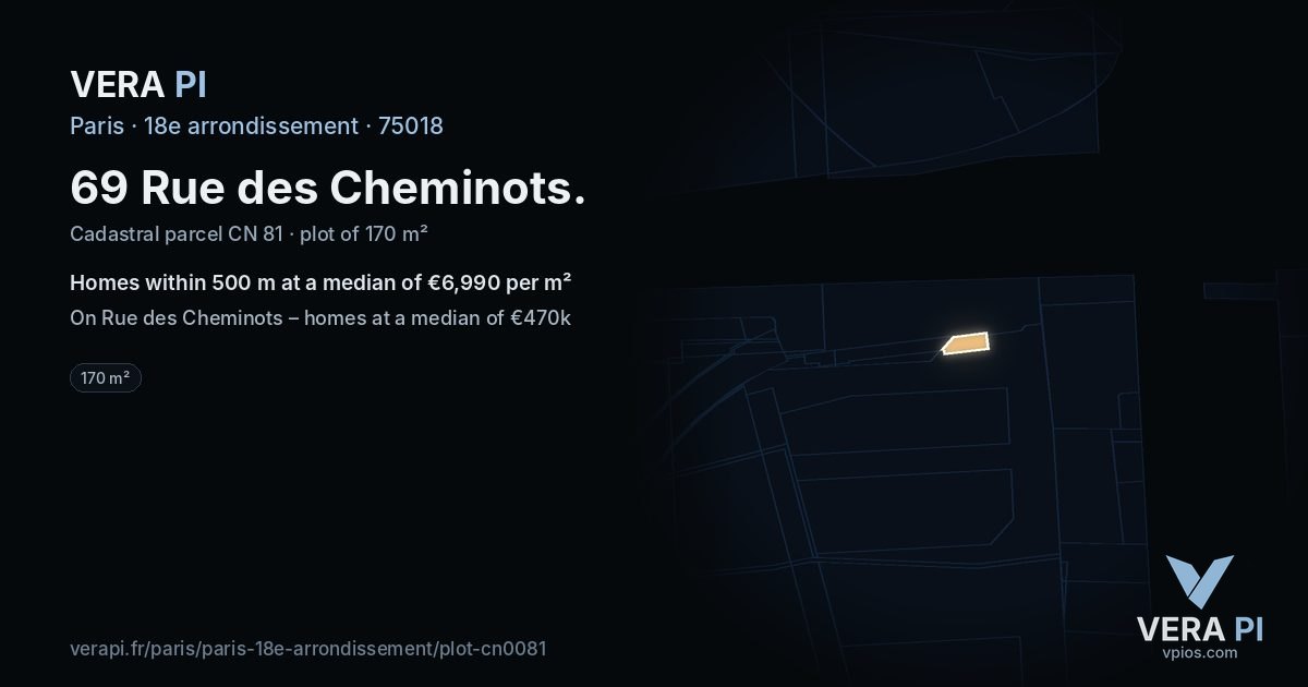 69 Rue des Cheminots, 18e arrondissement at night – the plot lit, the parcels around coloured by the prices near them