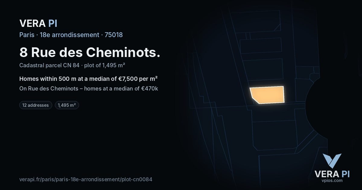 8 Rue des Cheminots, 18e arrondissement at night – the plot lit, the parcels around coloured by the prices near them