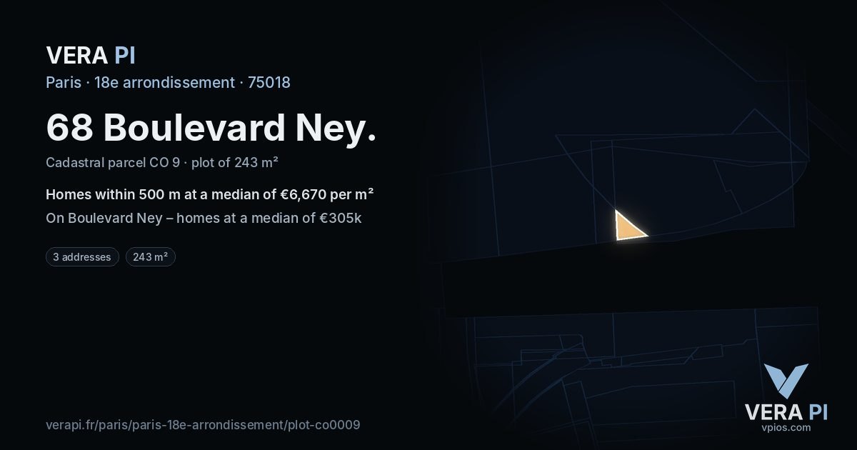 68 Boulevard Ney, 18e arrondissement at night – the plot lit, the parcels around coloured by the prices near them