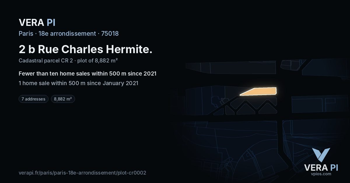 2 b Rue Charles Hermite, 18e arrondissement at night – the plot lit, the parcels around coloured by the prices near them