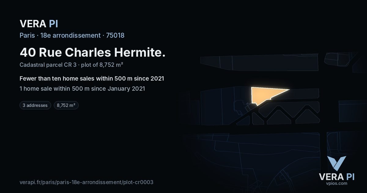 40 Rue Charles Hermite, 18e arrondissement at night – the plot lit, the parcels around coloured by the prices near them