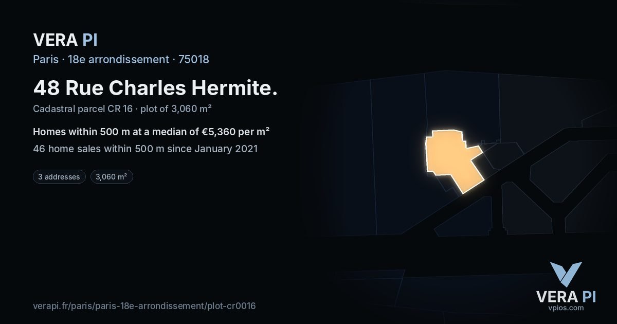 48 Rue Charles Hermite, 18e arrondissement at night – the plot lit, the parcels around coloured by the prices near them