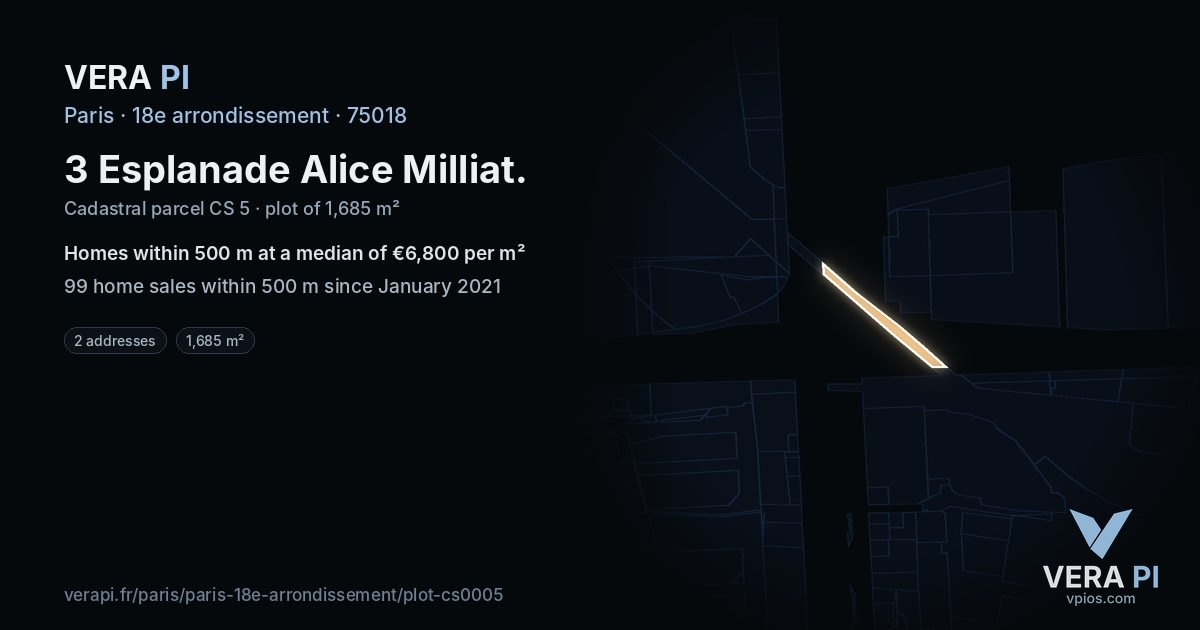 3 Esplanade Alice Milliat, 18e arrondissement at night – the plot lit, the parcels around coloured by the prices near them