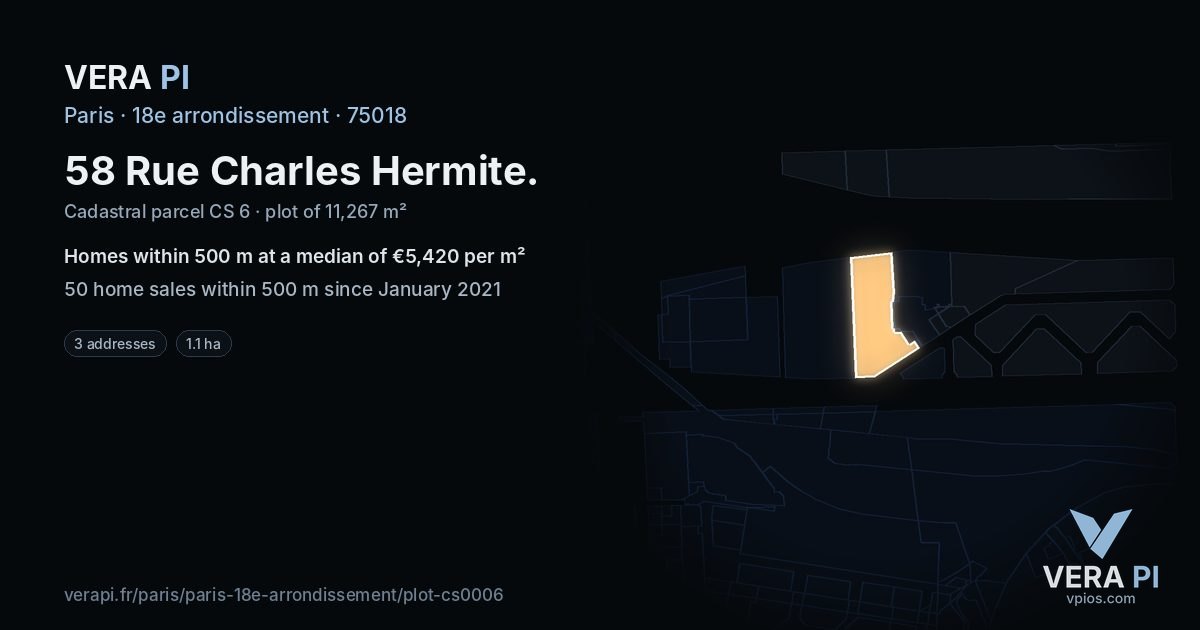 58 Rue Charles Hermite, 18e arrondissement at night – the plot lit, the parcels around coloured by the prices near them