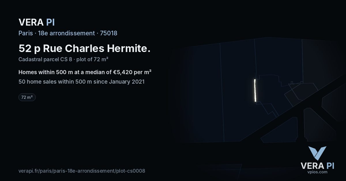 52 p Rue Charles Hermite, 18e arrondissement at night – the plot lit, the parcels around coloured by the prices near them