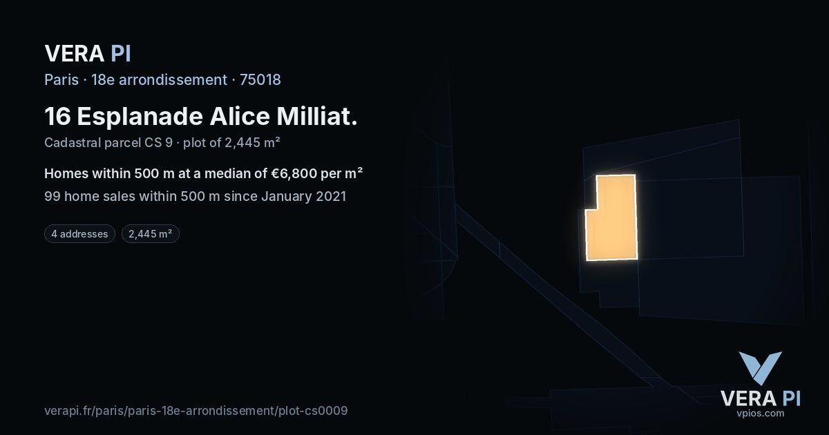 16 Esplanade Alice Milliat, 18e arrondissement at night – the plot lit, the parcels around coloured by the prices near them