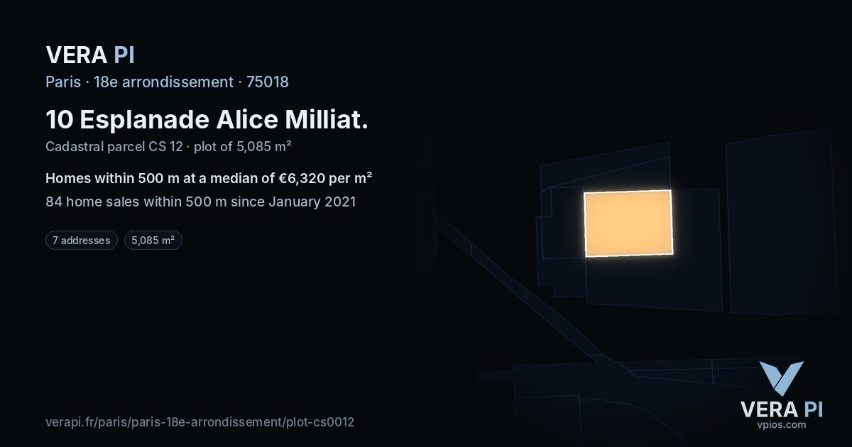 10 Esplanade Alice Milliat, 18e arrondissement at night – the plot lit, the parcels around coloured by the prices near them