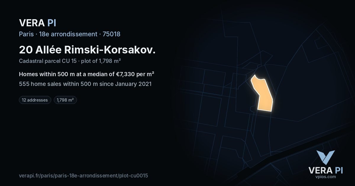 20 Allée Rimski-Korsakov, 18e arrondissement at night – the plot lit, the parcels around coloured by the prices near them