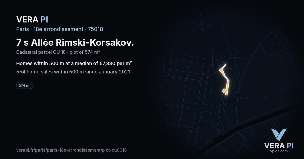 7 s Allée Rimski-Korsakov, 18e arrondissement at night – the plot lit, the parcels around coloured by the prices near them