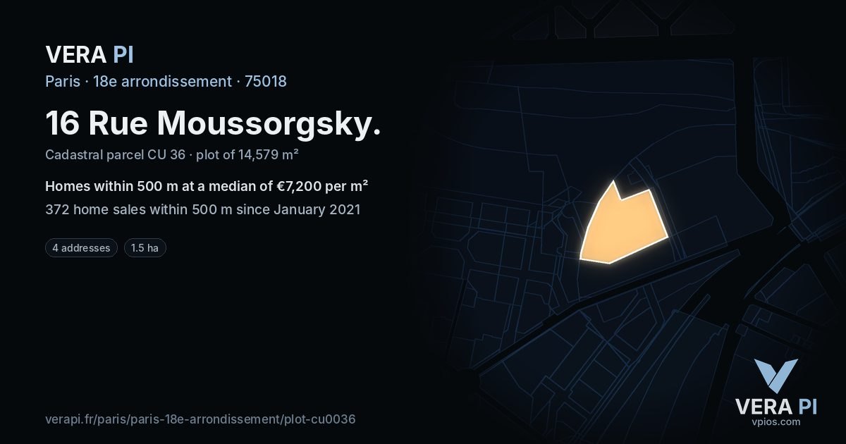 16 Rue Moussorgsky, 18e arrondissement at night – the plot lit, the parcels around coloured by the prices near them