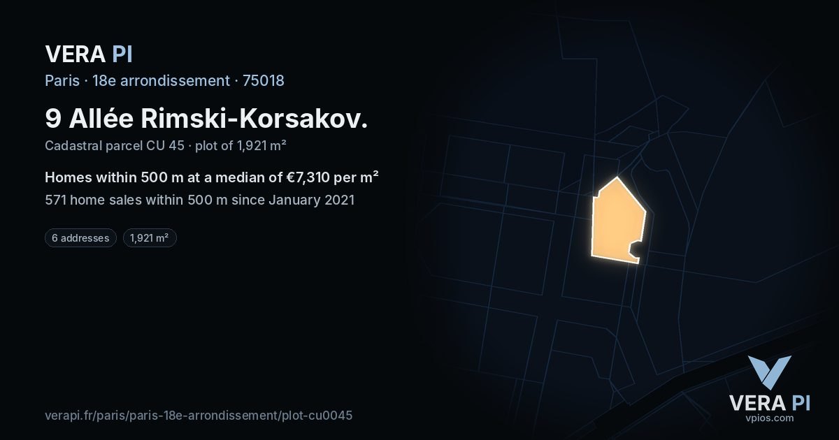 9 Allée Rimski-Korsakov, 18e arrondissement at night – the plot lit, the parcels around coloured by the prices near them
