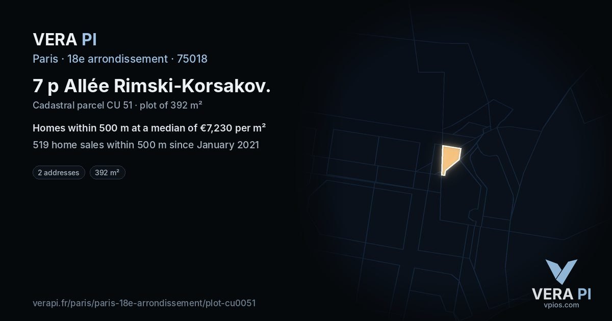 7 p Allée Rimski-Korsakov, 18e arrondissement at night – the plot lit, the parcels around coloured by the prices near them