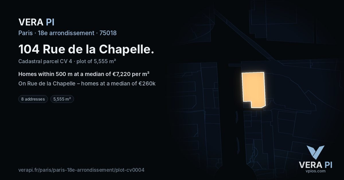 104 Rue de la Chapelle, 18e arrondissement at night – the plot lit, the parcels around coloured by the prices near them