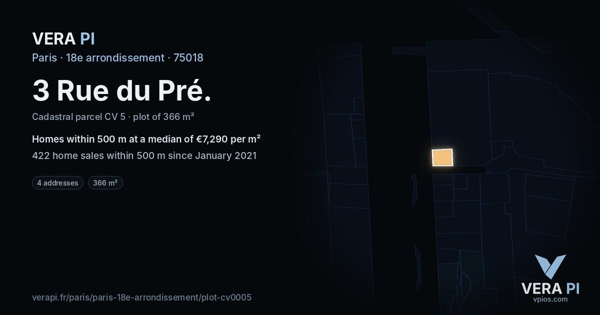 3 Rue du Pré, 18e arrondissement at night – the plot lit, the parcels around coloured by the prices near them