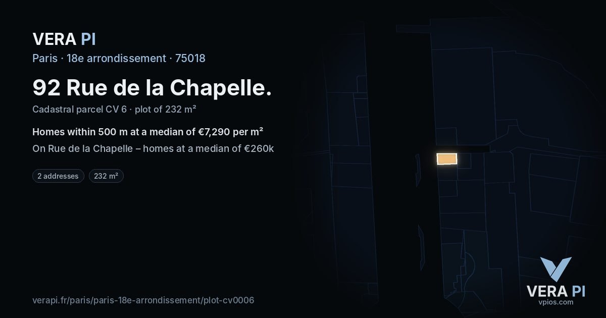 92 Rue de la Chapelle, 18e arrondissement at night – the plot lit, the parcels around coloured by the prices near them