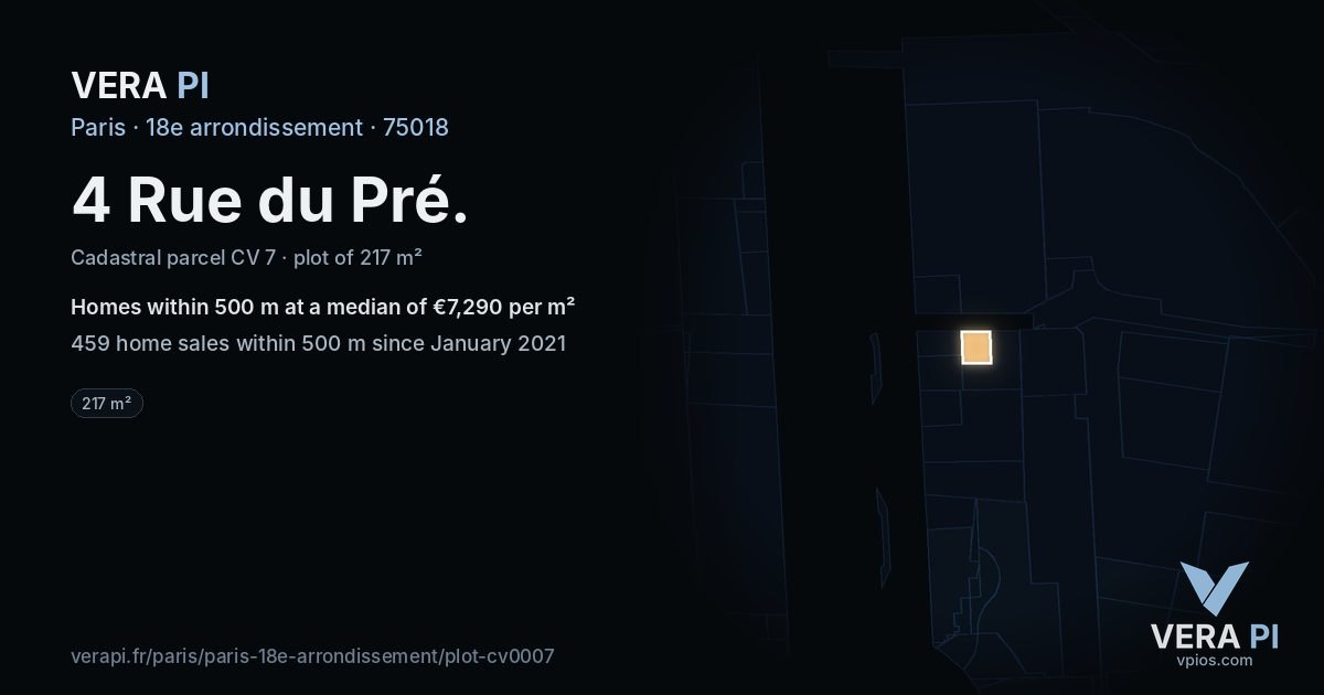 4 Rue du Pré, 18e arrondissement at night – the plot lit, the parcels around coloured by the prices near them