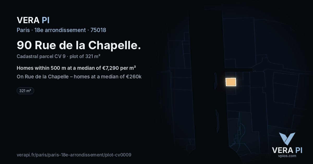 90 Rue de la Chapelle, 18e arrondissement at night – the plot lit, the parcels around coloured by the prices near them